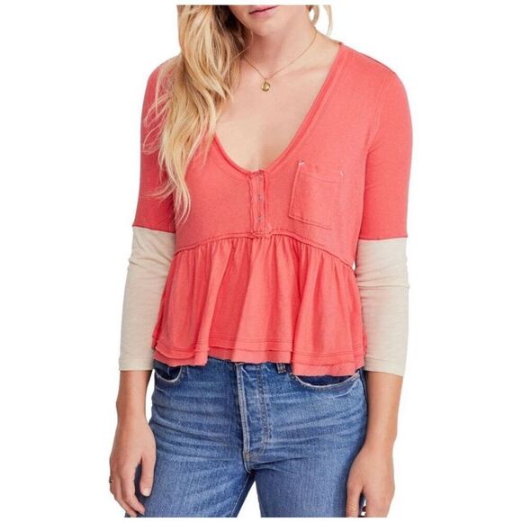 Free People Women's Colorblock Cotton Peplum Cropped Top Size Small - Picture 1 of 5